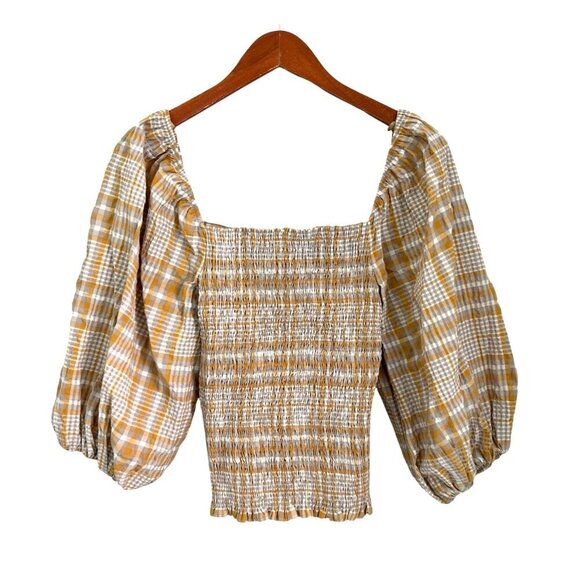 Anthropologie Maeve Plaid Blouses Puff Sleeves Cropped Size Med - Picture 3 of 10